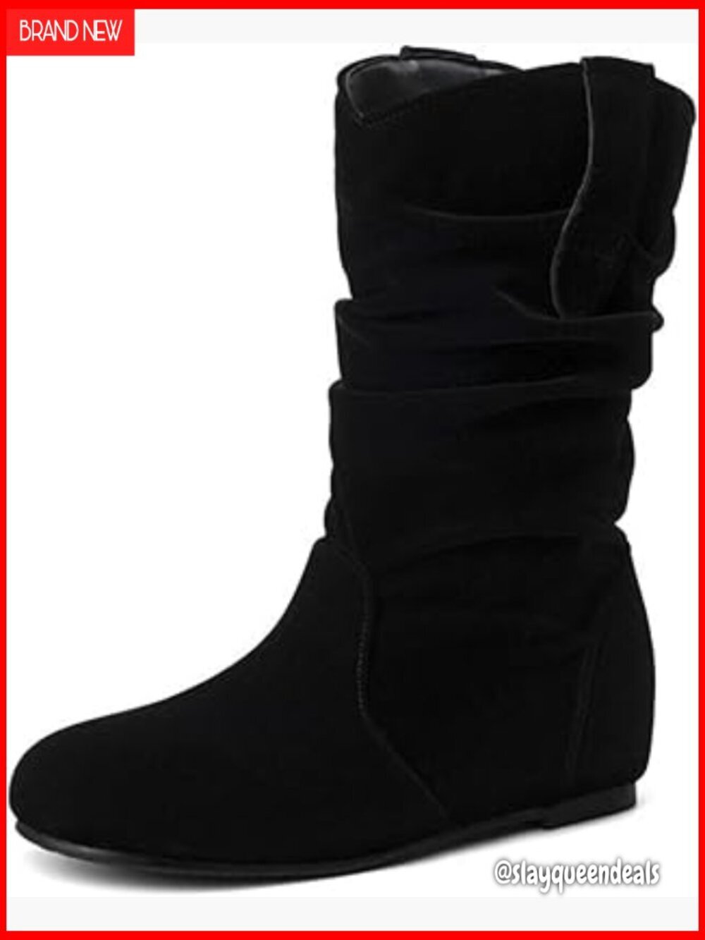 Wide Width Mid Calf Slouchy Boots Flat Heel Faux Leather Winter Slip On